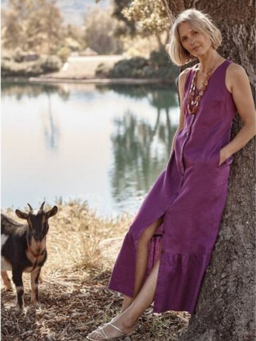 J. Jill Love 100% Linen Tiered Midi Dress S V Neck Button Down Mulberry - Picture 2 of 7